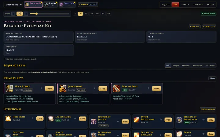 Squad Companion, Kit view for a level 10 Undead Paladin squad leader: what is new at this level, sequence key options, and primary keys such as Holy Strike and Judgement, each with its macro text and a Copy button.